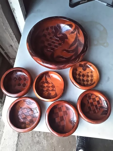 Vintage Hand carved Wooden Salad bowl Set 7 pc