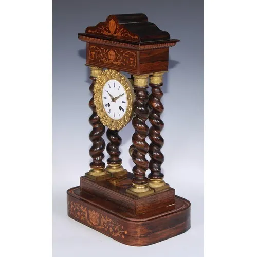 A Large19th Century 8 Day  French rosewood and marquetry portico clock c-1850's