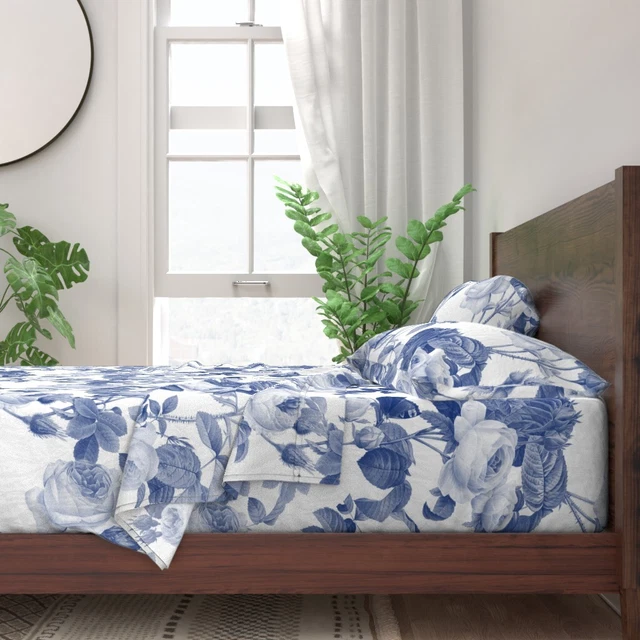 Willow Blue White Floral Victorian 100% Cotton Sateen Sheet Set by Spoonflower