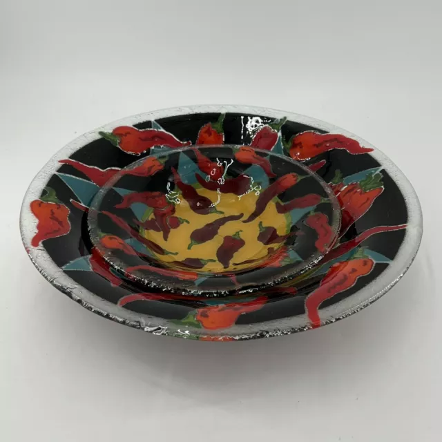 Peggy Karr Glass Fused Glass Red Chile Peppers Bowl set 2 Lg 13” Med 8.5” Signed