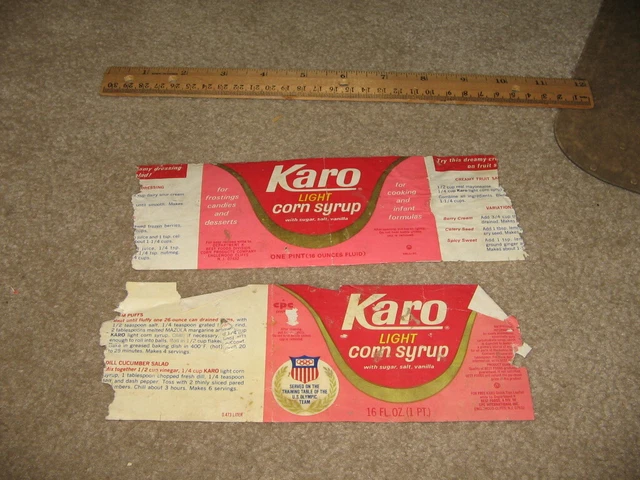 KARO light corn syrup (2 items) US Olympic team 1960s-70s can labels