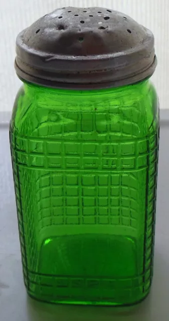 Owens Illinois Glass Green Waffle Pattern Shaker Jar with Metal Top