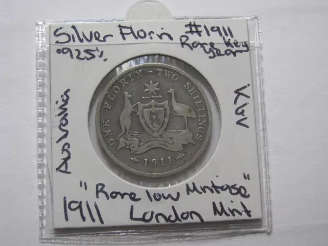 1911 Silver Florin Rare Low Key Date mintage Australia KGV Silver Coin 925 #1911