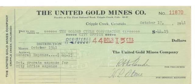 The United Gold Mines Co., 1941, Bankcheck