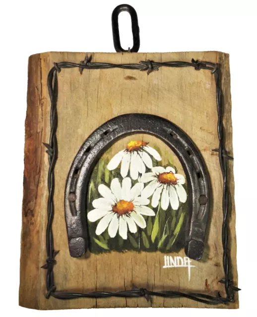 Rustic Wall Hanging Picture Plaque HorseShoe Daisies Barbed Wire Wood Primitive