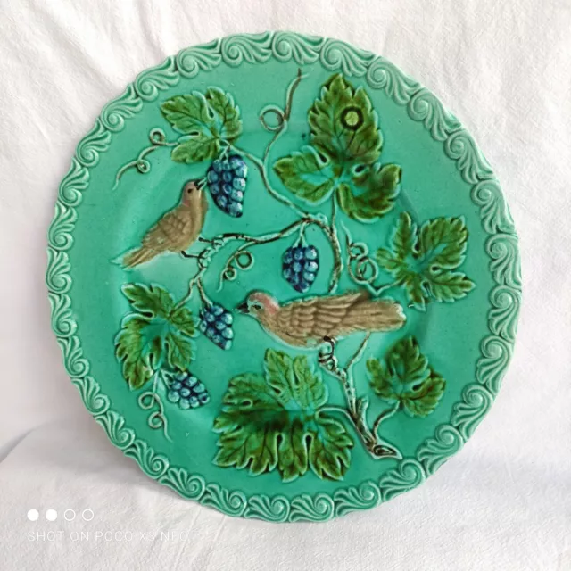 Antique German Majolica "Bird & Vine" Turquoise Plate Porcelain Sparrow Motif "