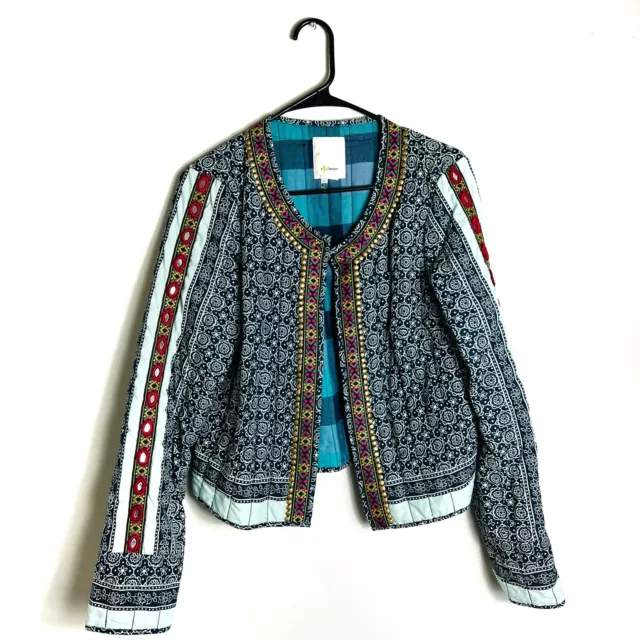 Anthropologie Elevenses Blue Sequin Embellished Embroidered Trim Jacket Boho Lrg