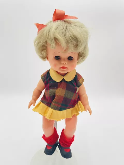 Vintage Doll REGAL TOY Blonde Brown Eyes Red Yellow Dress Black Shoes 1960’s 11”