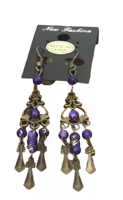 Fashion Chandelier Earrings-bronze color- beads- purple- dangly long #12