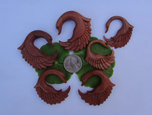 Pair Carved Organic Tribal Feather Wing Swan Sawo Wood Spirals Ear Plugs Gauges 2