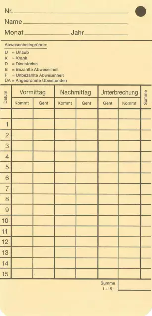 500 Stück Stempelkarten IV 126 9122 04027606 Benzing dormakaba Schema R