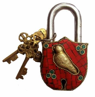 Brass Handmade Antique Style Padlock Lock with Keys Bird Design Stone Work