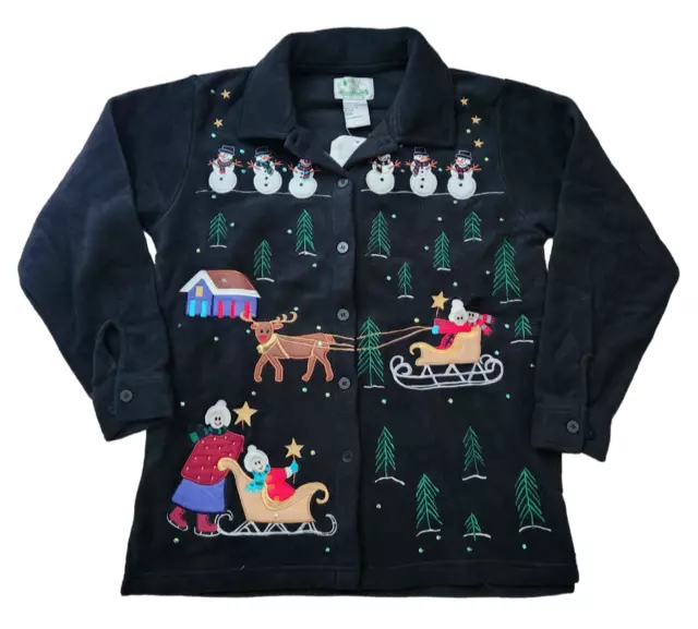 Quacker Factory Womens S Fleece Christmas Jacket Button Up Long Sleeve Snowmen