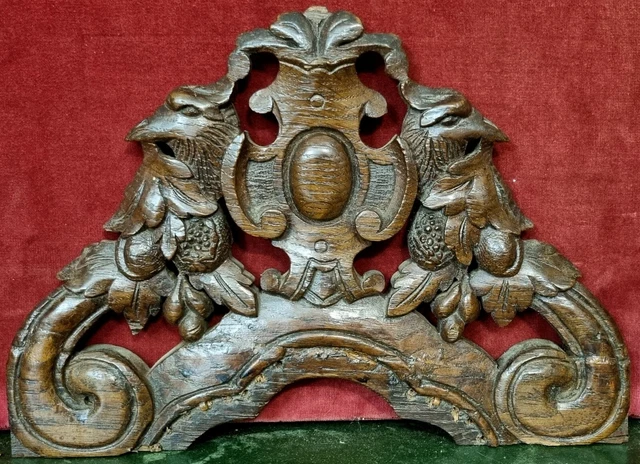 Scroll leaf bird wood carving pediment - Antique french architectural salvage 2