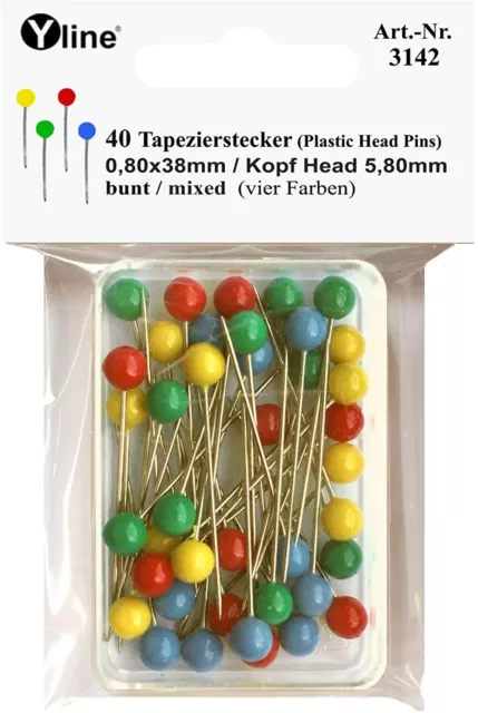 40 Stück Tapezierstecker klein mit Kunststoffkopf, bunt, 38 mm, 3142