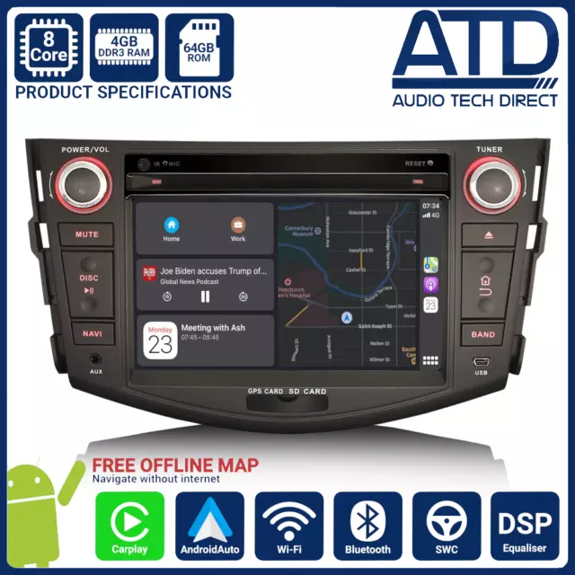 Car Radio For Toyota Rav4 Mk3 Android 10.0 DAB GPS Carplay Stereo Bluetooth 7"