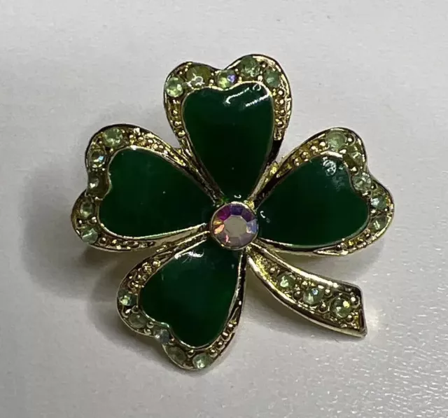 Shamrock Brooch Light Green Rhinestones Green Enamel Gold Tone