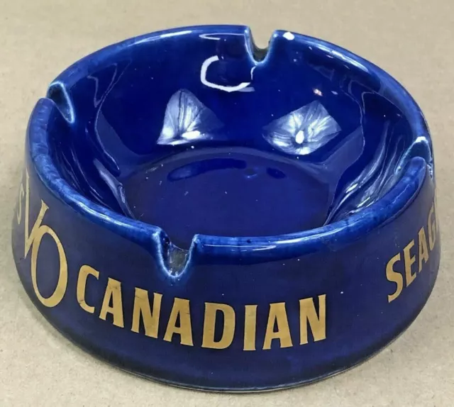 Vintage Cobalt Blue Pottery Seagram's VO Canadian Ashtray Gold Printing Barware 2