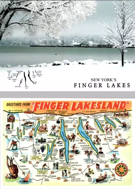 2~4X6 Postcards  FINGER LAKES, NY New York  WINTER SNOW & "Finger Lakesland" Map