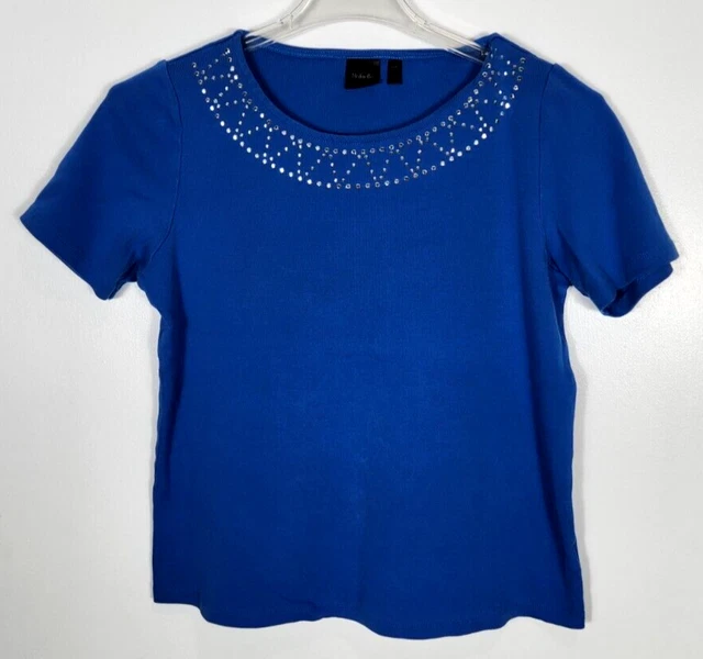 Rafaella Women's sz Large Blue Blouse Shirt Top Bedazzled Neckline Short Sleeve