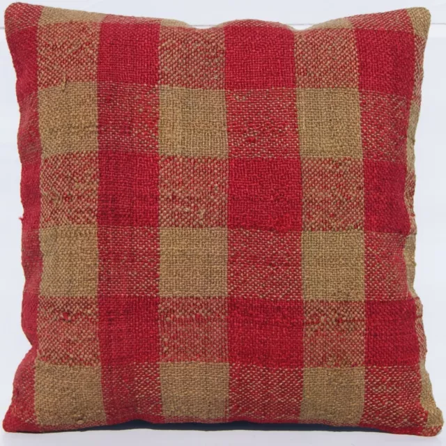 14"x14" TAPPETO KILIM TURCO CUSCINO TESSUTO A MANO DESIGN PLAID QUADRATO...