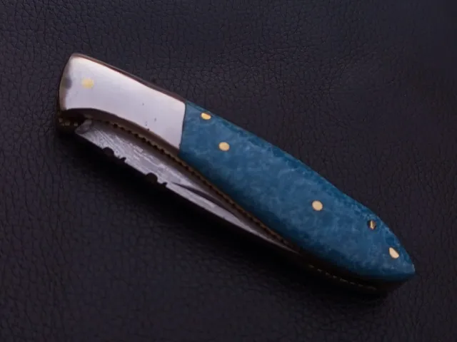 Damascus Steel Custom Made Pocket Folding Knife Resin Handle W/Sheath J381