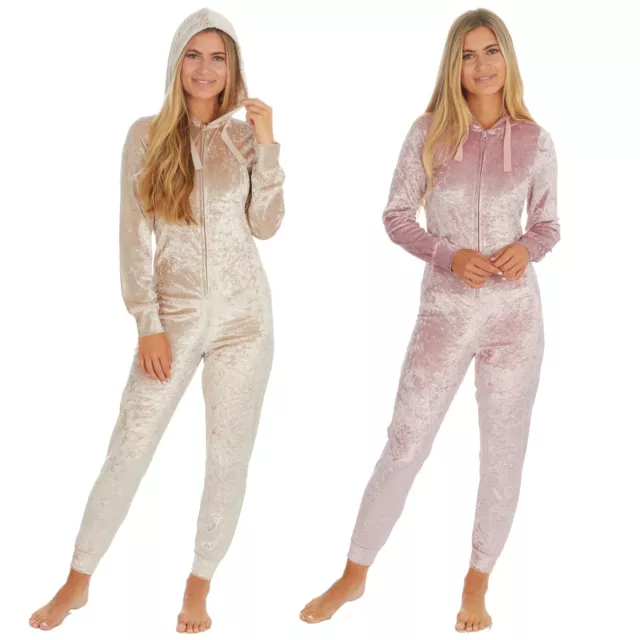 Ladies/Girls Crushed Velvet All In One Hooded Jumpsuit Pyjamas Size 8-22