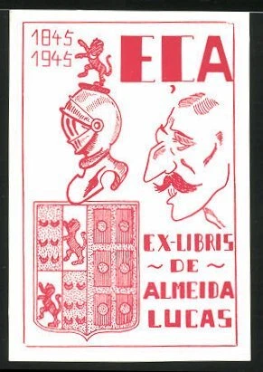 Exlibris Almeida Lucas, retrato escritor José María Eça de Queiroz, escudo