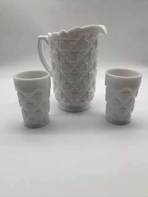 Vintage Westmoreland Old Quilt Pattern Large Milk Glass Pitcher And Tumblers