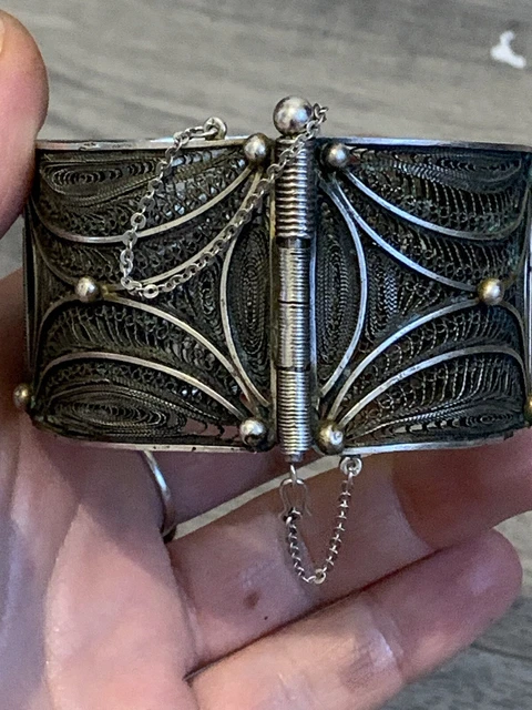 Bracelet Manchette En Argent Filigrane Vintage Années 1900 - Occasion, Style élégant