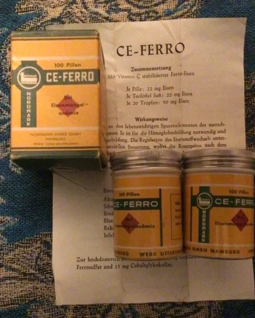Vintage Pillen-Dose Box und Beipackzettel CE-Ferro / Dekoration für Apotheken 