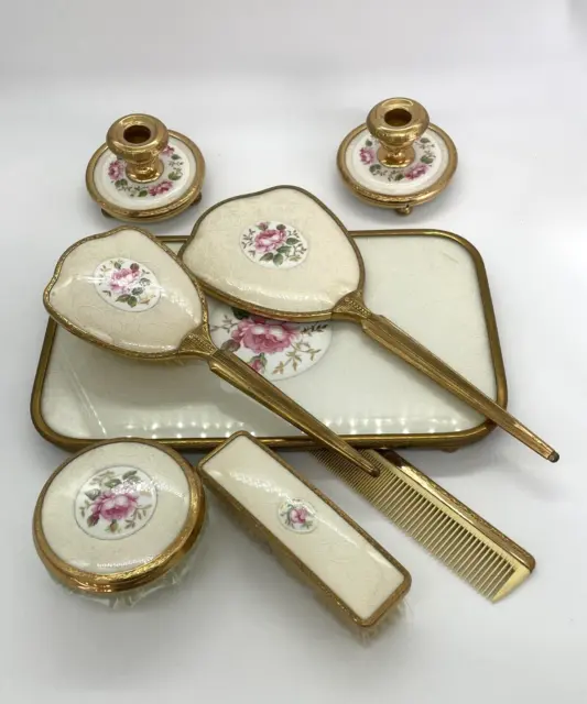 Vintage 8 Piece Petit Point Lace and Porcelain Dressing Table Set