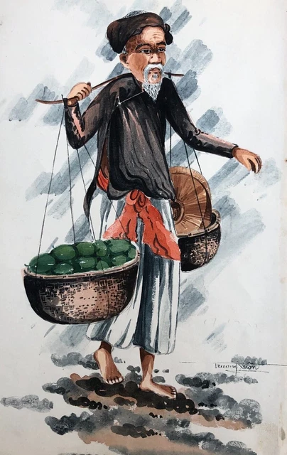Acuarela vietnamita antigua, Firma para identificar, Artes asiáticas, XX