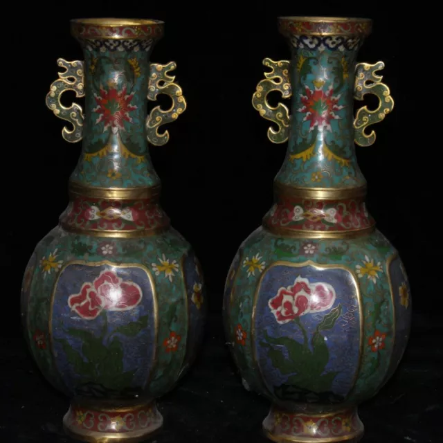 16" Ancient Chinese Cloisonne Enamel Bronze Dynasty Flower Bottle Vase Pair