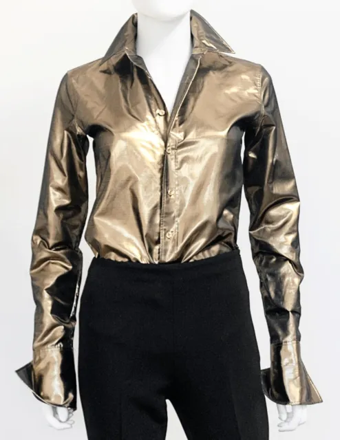 Ralph Lauren Black Label Silk Metallic Gold Lame Style Fitted Top Shirt Sz 2