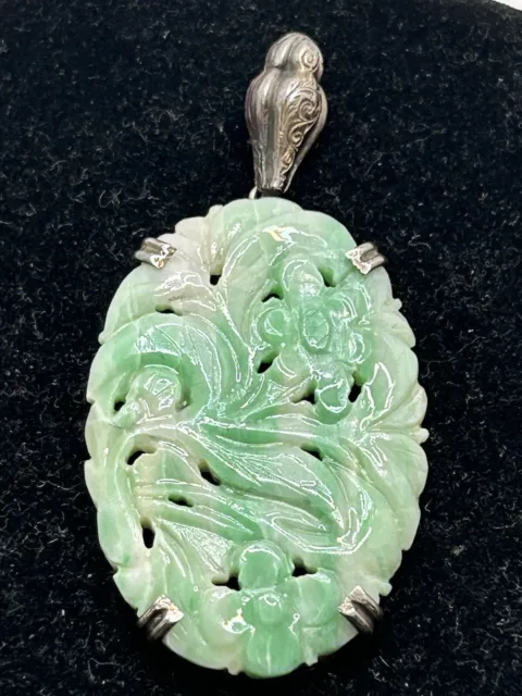 Antique Large Moss in Snow Green White Jade Flower Pendant Art Deco Carved