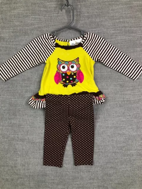 Rare Editions Outfit Girls 6M Months Brown Yellow Striped Polka Dots Owls Ruffle