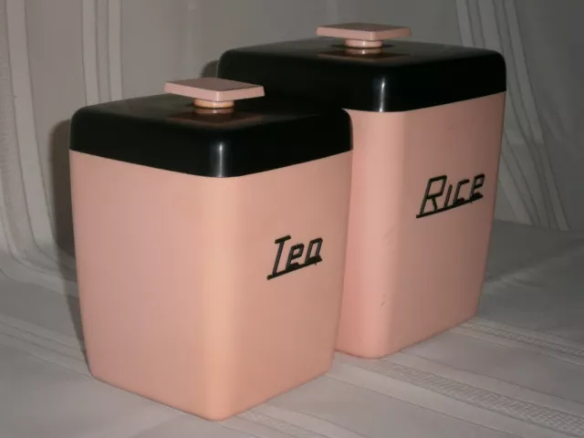 Mid-Century Vintage Nally Ware Black & Pink Plastic Kitchen Canisters 1950-60's. 3