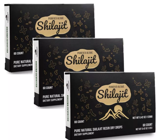 3 PACK - 180 TABS Altai Shilajit Resin Premium Pure Dry Drops GOLDEN MOUNTAINS