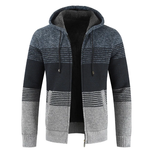 Mens Zip Up Thick Fleece Lined Cable Knitted Cardigan Winter Warm Jacket Jumper