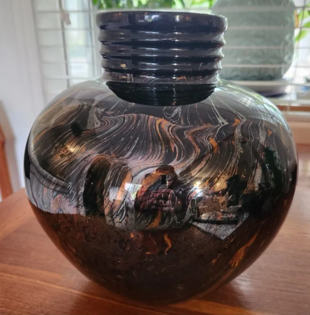 Vintage 90s Royal Haeger Pottery Golden Glaze Apply Black Vase With Sticker