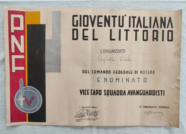 Diploma Pnf Gil Vice Capo Squadra Avanguardisti 1941 Novara Futurismo Lazzarini