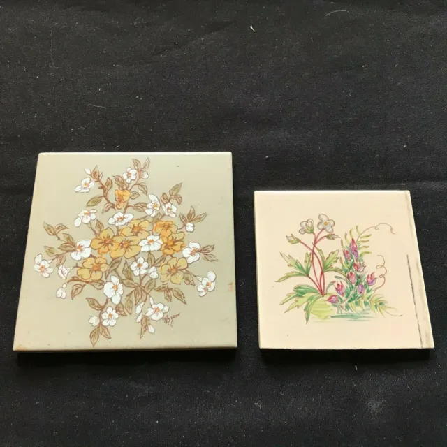 Pair of Reclaimed Antique Ceramic Edwardian Floral Tiles Tiling Décor (BTS16)