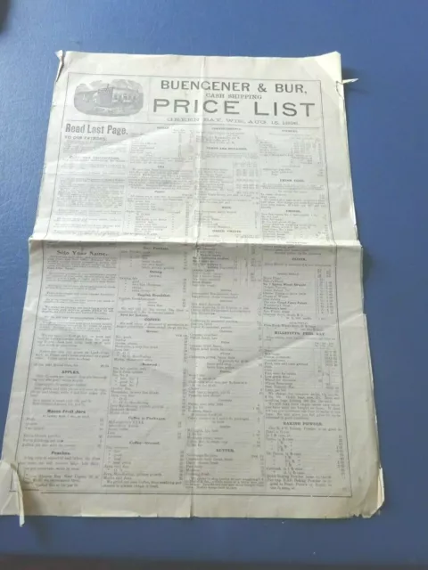 1896 4 Page Buengener & Bur Grocers Cash Price List, Green Bay, Wi
