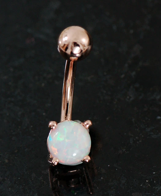 1 Pc Rose Gold Plated Prong Set 6mm White Opal Navel Belly Button Ring 14g 3/8"