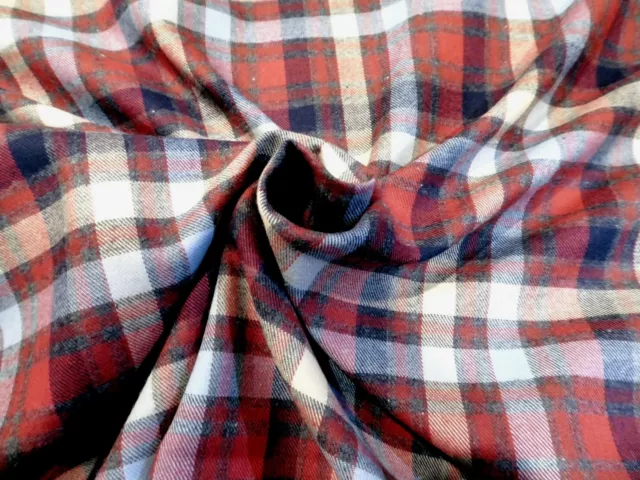 Red, Navy, White, Plaid Brushed Cotton Shirting - Designer Overstock! Quality!