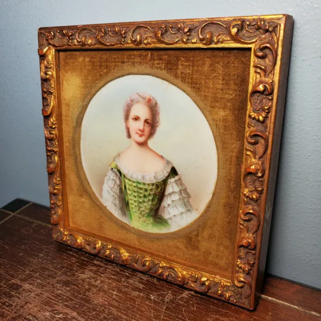 Antique Miniature Hand Painted Portrait on Porcelain of Lady in Gilt Frame 3