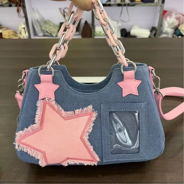 Street Fashion Small Square Denim Bag With Contrast Stitching And Dual Shoulder