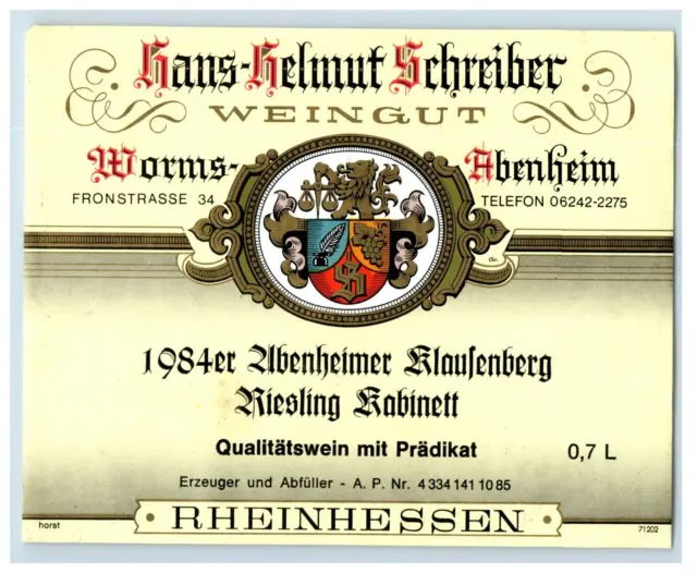 1970's-80's Hand Helmut Schreiber Abenheim German Wine Label Original S43E