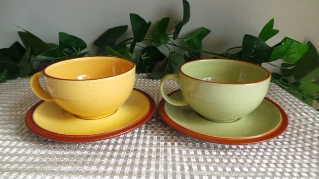 Denby Juice Apple Green & Yellow Tea Cups And Saucers X2